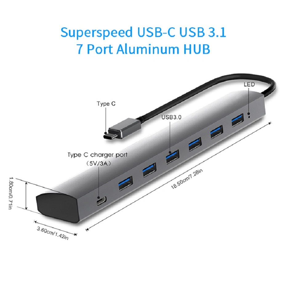 Aluminum USB-C USB 3.0 7-Port Hub Type C a Ports Power Adapter