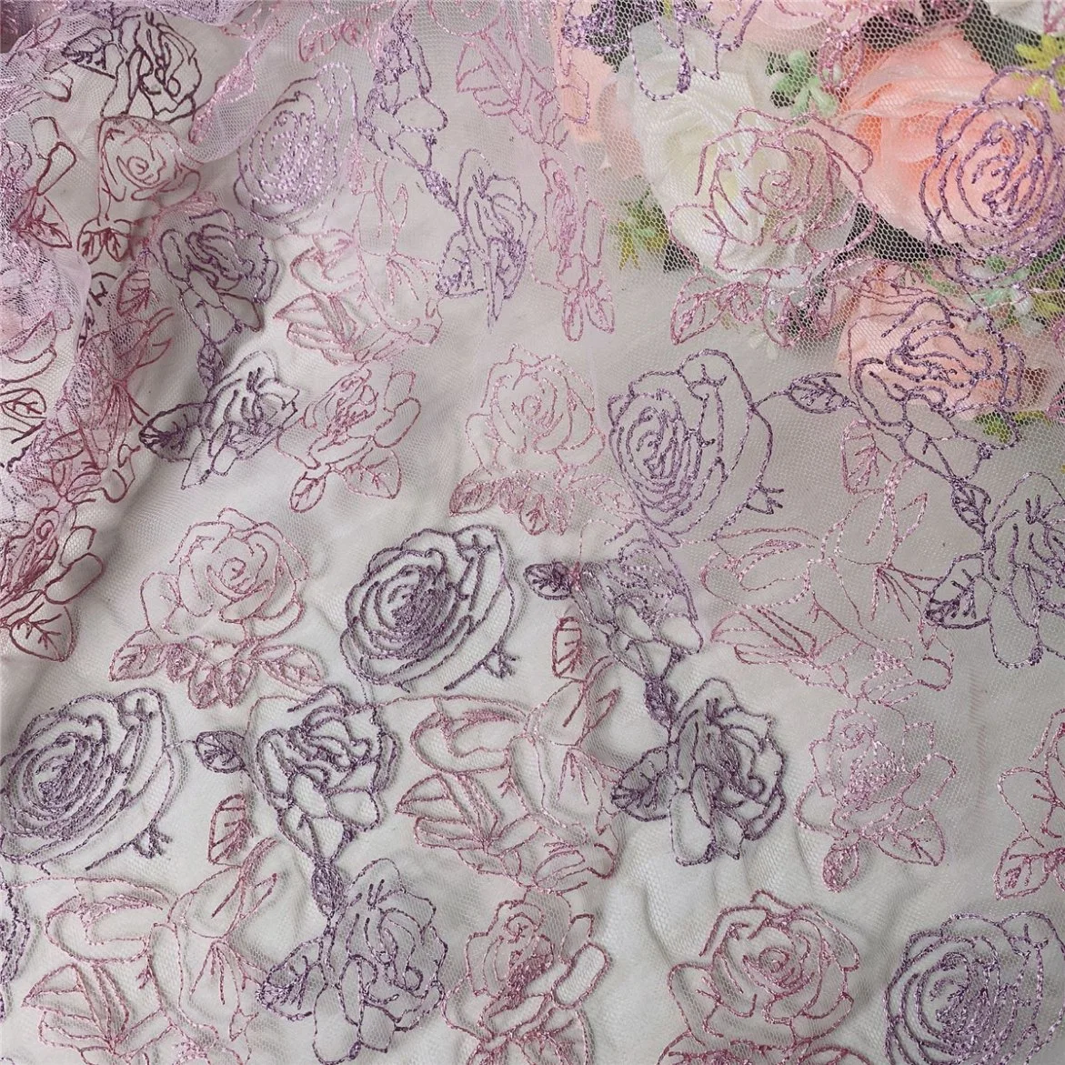 Flat Embroidery Multi-Color Thread Flower Rose Mesh Yarn Embroidery Nylon Reinforced Mesh Dress Embroidered Fabric