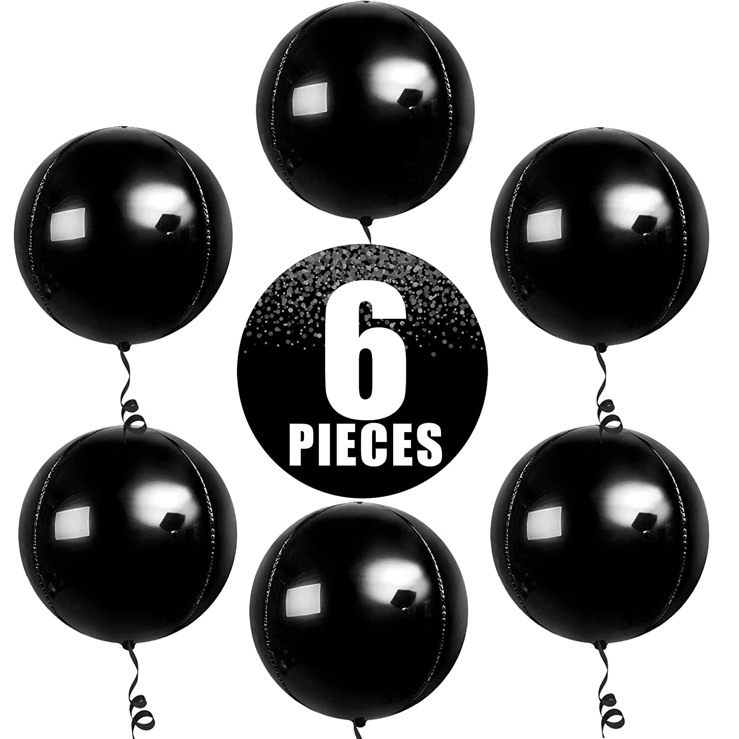 Hot-Selling Giant Metallic Black Balloons 22 Inch -Pack of 6 Round 360 Degree 4D Black Mylar Balloons, Black Birthday Party Foil Balloons Disco Party Decoration