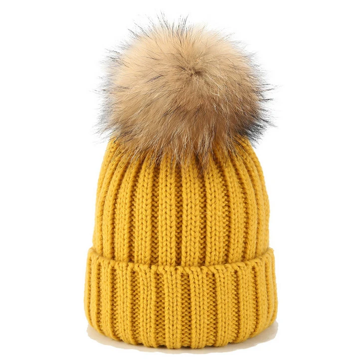 Parent Children Real Fur Pompom Knitted Hat New Candy Colors Winter's Hat Women Knitted Hat Warm Soft Trendy Hat Fashion Beanie Lady's Chic All-Match Hat