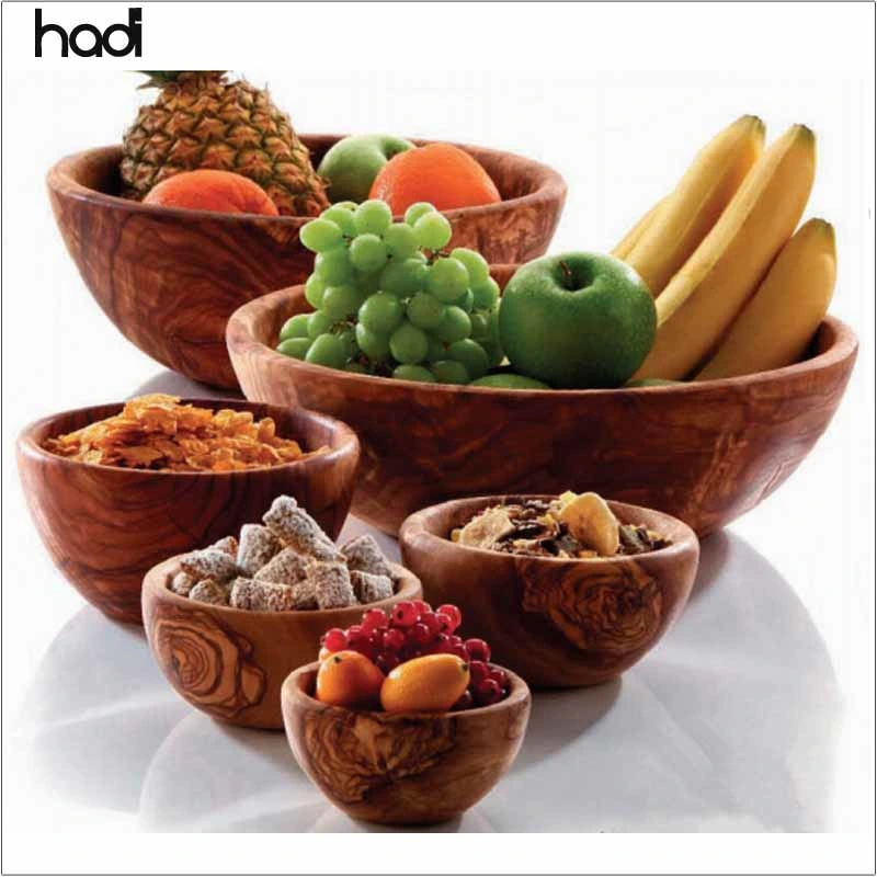 Guangzhou Arabic Restaurant Equipment Eco Friendly Tableware Antique Wood Bowls Rustic Round Soild Wood Bowl for Middle Eastern Buffet