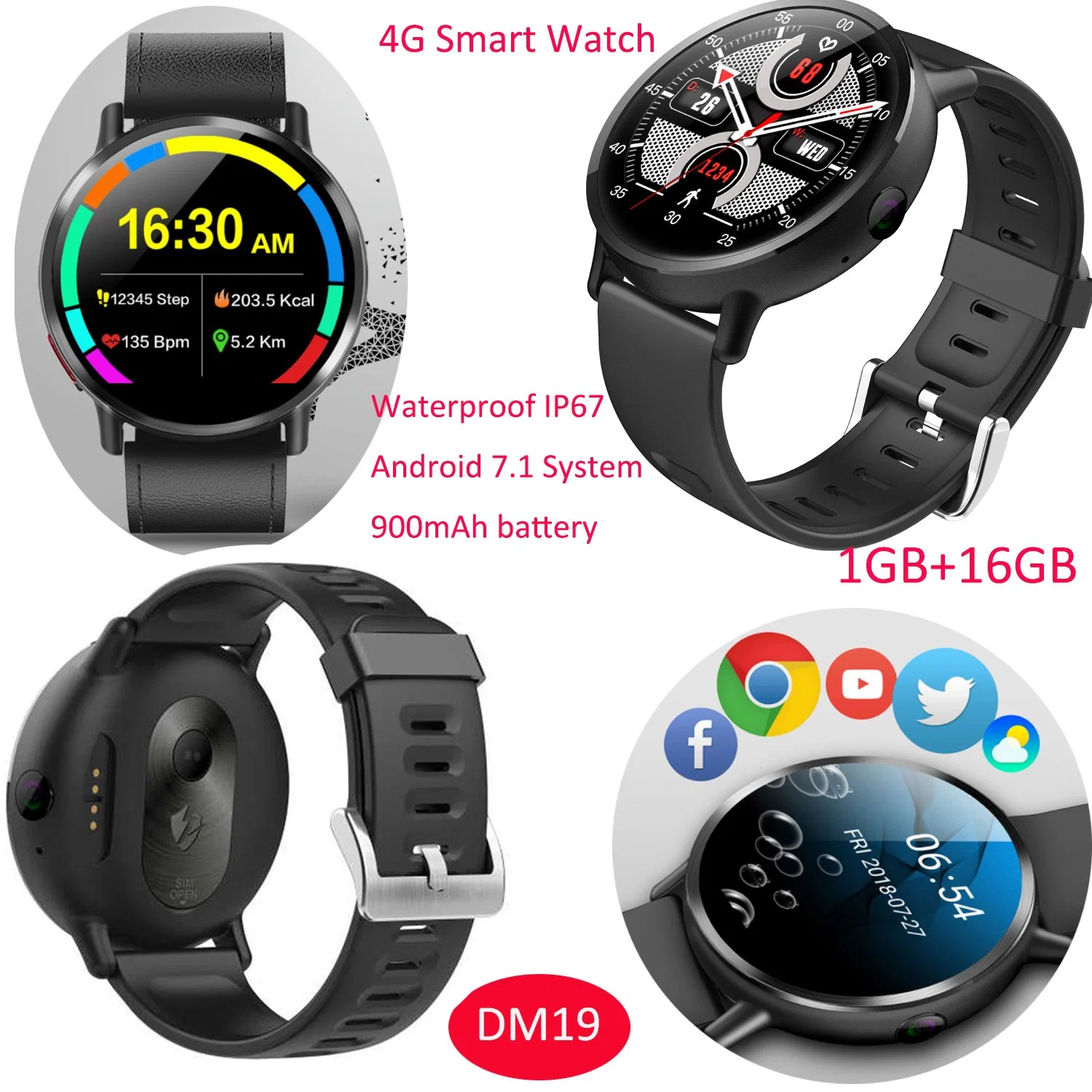 4G Smart Watch Round Screen Mtk6739 Quad Core Android Camera GPS WiFi Bluetooth Smartwatch DM19