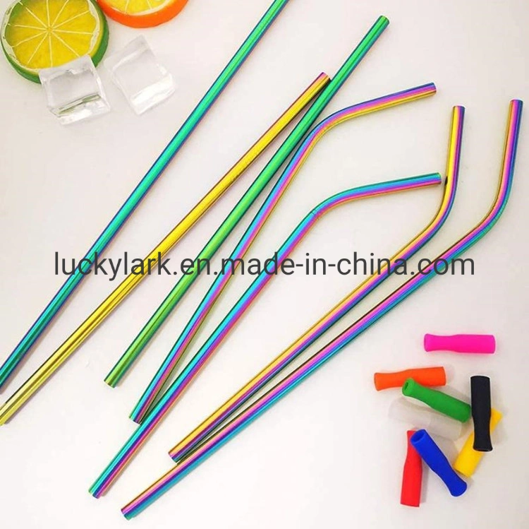 Wholesale/Supplier High quality/High cost performance  Reusable 304 Metal Custom Logo 6mm Colorful Cocktail Stainless Steel Drinking Straw Set with Brush Cleaner Bag Plastic Gift Box