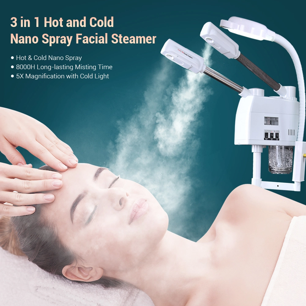 Hot and Cold Nano Mist Spray Facial Steamer with Cold Light Magnifying Lamp