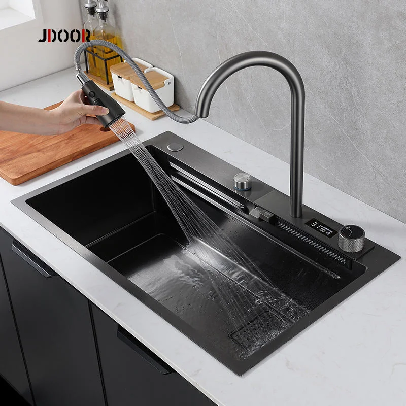 Fregadero de cocina hecho a mano de acero inoxidable 304 con doble lavabo y pantalla digital de temperatura negra moderna, con grifo de cascada.