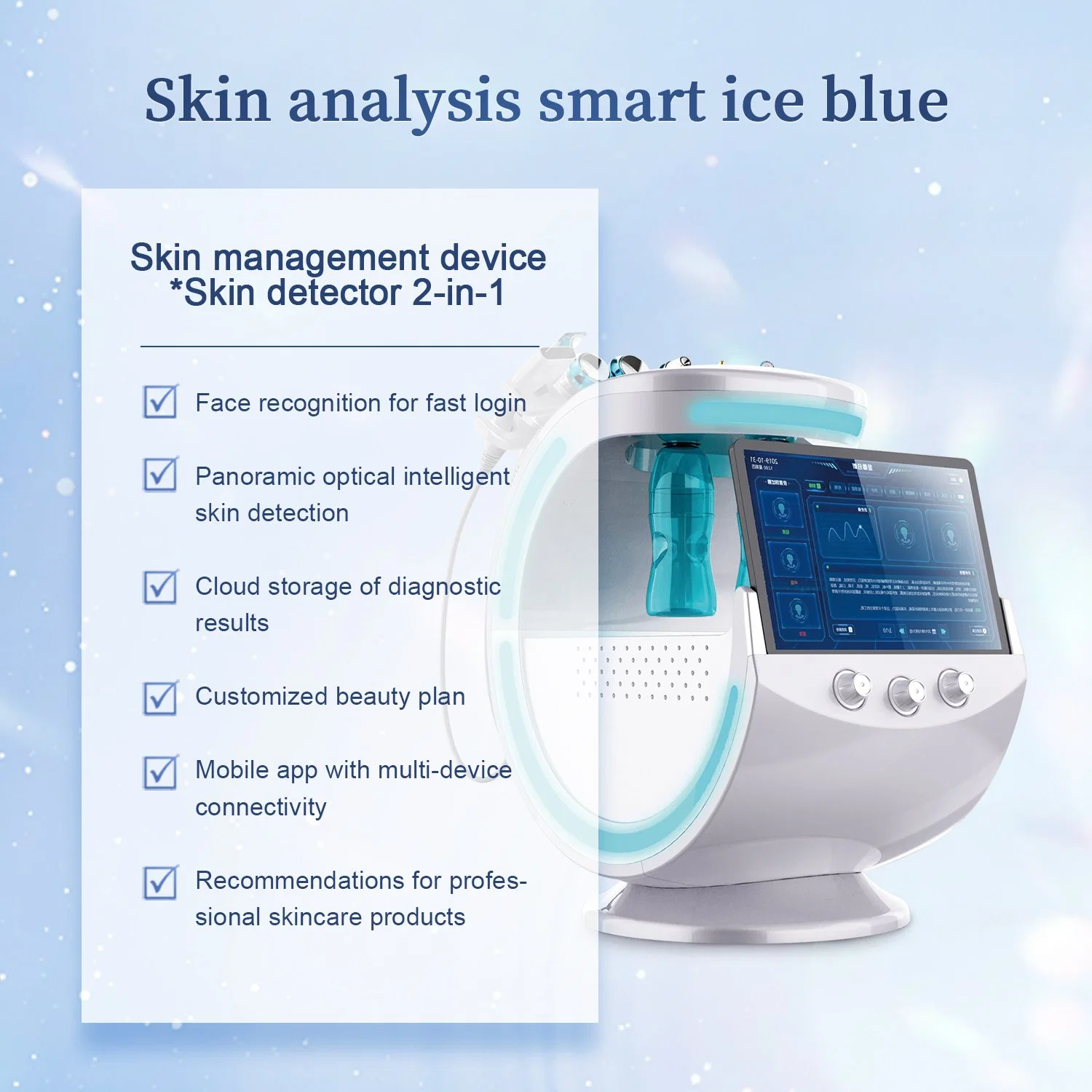 Inteligente inteligente Azul hielo 7 en 1 de la máquina de belleza facial Microdermoabrasión análisis con la piel.