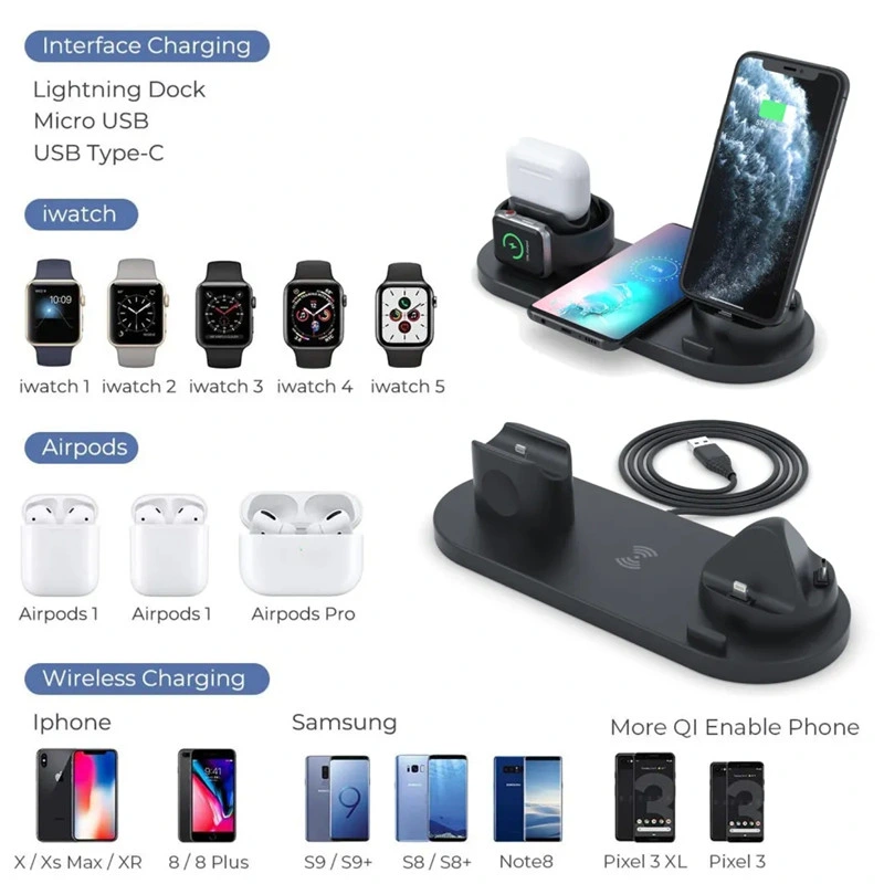 10W Qi 6 in 1 Wireless Fast Charger Docking Station for Smart Phone/Apple Watch/Airpods