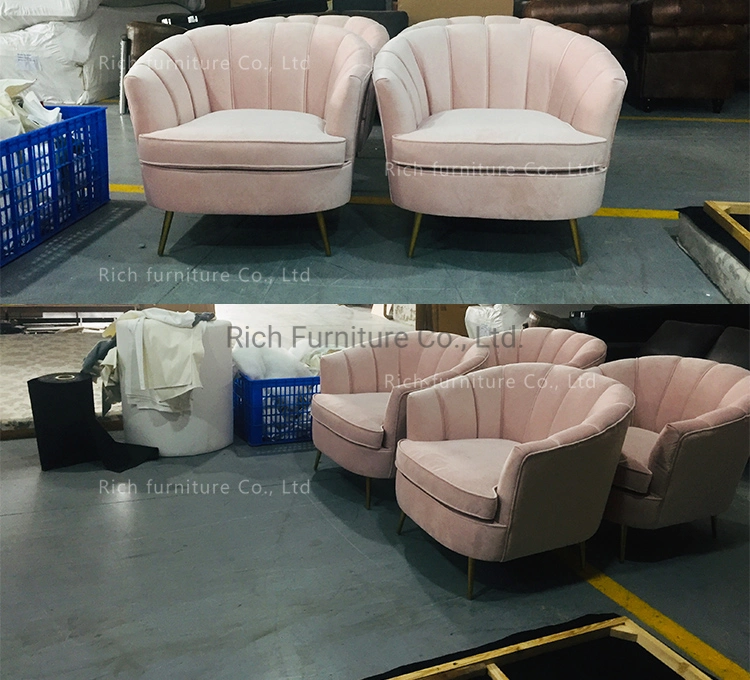 Living Room Furniture Baby Pink Sofa Set Fabric Sofa Shell Shaped Sofa with Metal Legs for Hotel Office Event Home