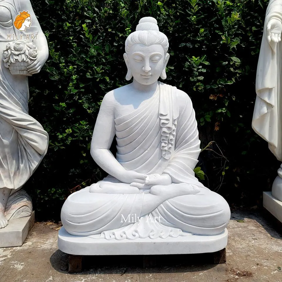 Custom Large Life Size Outdoor Hand Carved Natural Stone White Marble Sitting Buddha Statue for Sale