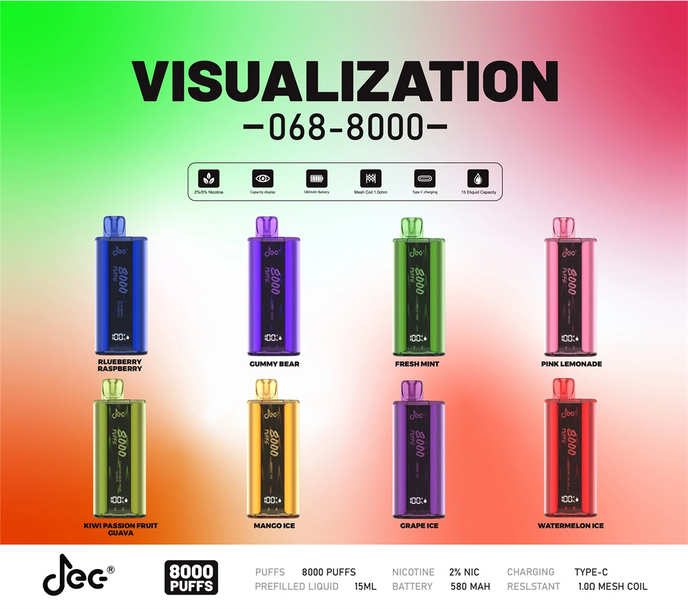 JEC 8000 Puts Vape قابل للاستخدام مرة واحدة من نوع Vape Pod الكهربائي Cigarette 0% 2% 5% 15 مل E 580MAh Vape Pod Mesh Coil Atomizer