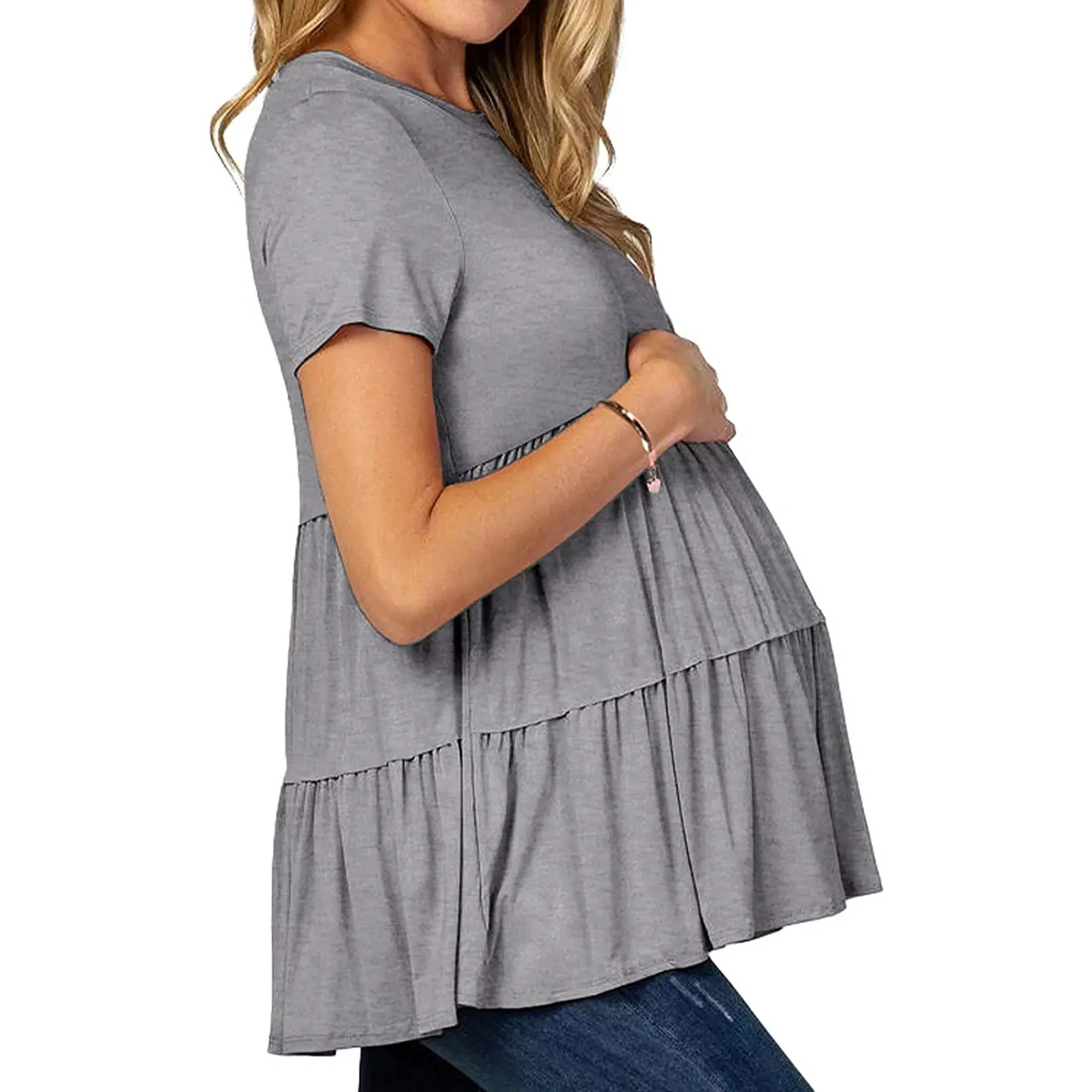 Omen's Maternity Tunics Top Shirts Short Sleeve Casual Peplum Pregnancy Blouse