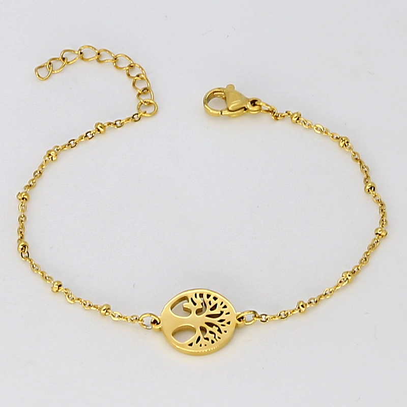 Stainless Steel Gold Plated Jewelry Adjustable Round Hollow Tree of Life Charm Cross Chain Link Bracelet