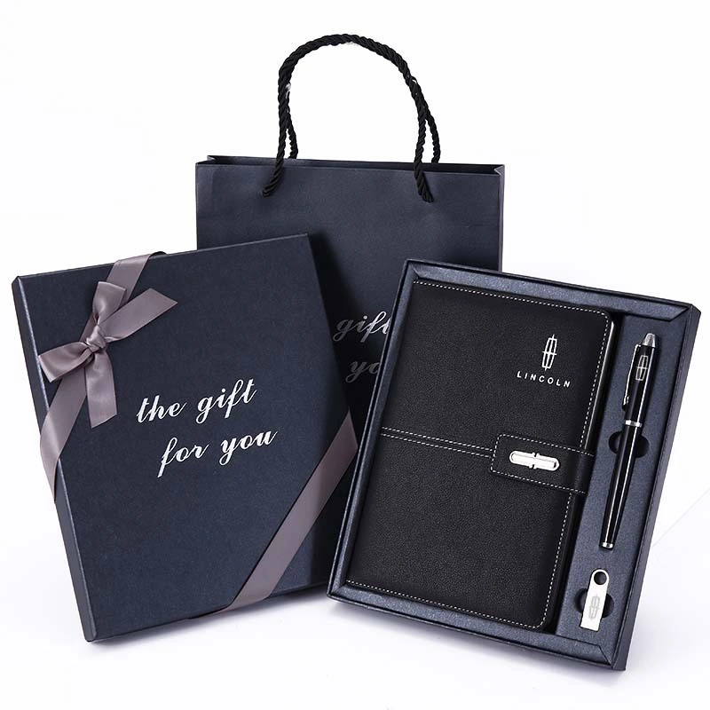 Custom Style A5 Paper PU Leather Ofiice Stationery Notebook Promotion Gift Set with Pen and USB