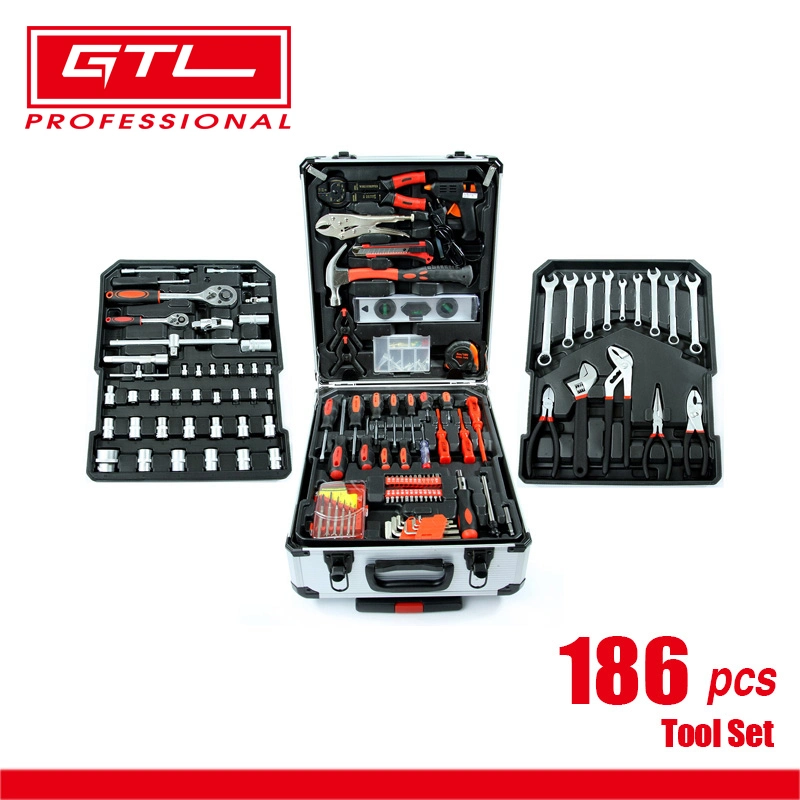 186PCS Tools Set with Aluminum Case Tool Set for Car Motorbike Repair Daily Maintenance, Household DIY Tool Box with Tools Included, Hammer Pliers Screwdrivers