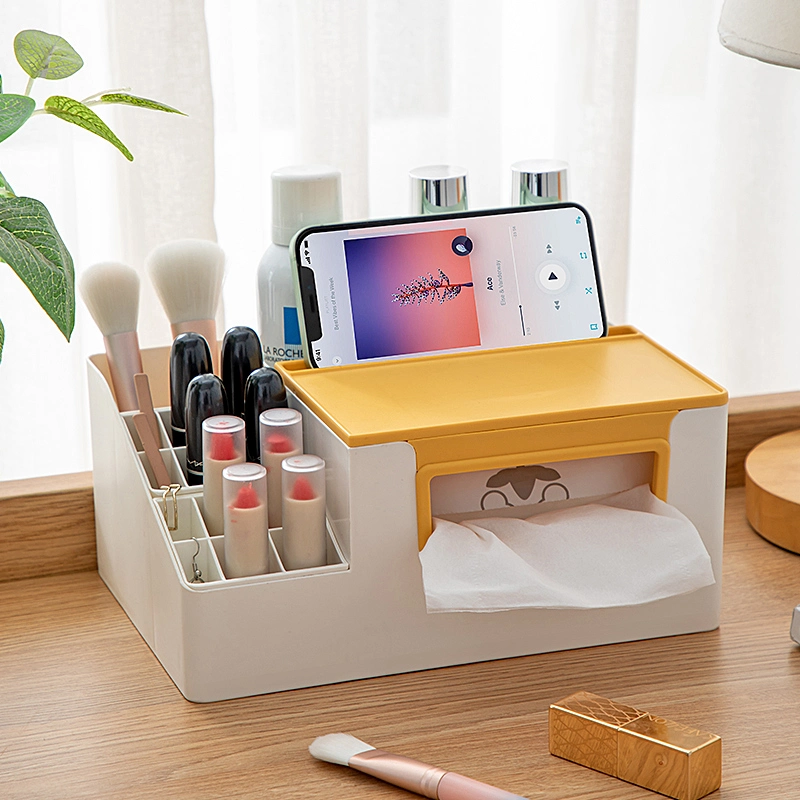 Multi-Functional Household Office Paper Box Plastic Daily Storage Desktop Tissue Box with Lipstick Stand