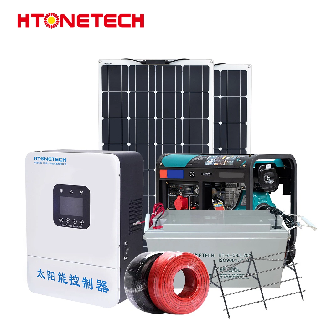 Htonetech Solar off-Grid Power Generation System Factory China 500W 800W Mono 270W Half Cell Solar Panel 50 AMP Diesel Generator Solar Thermal Hybrid System