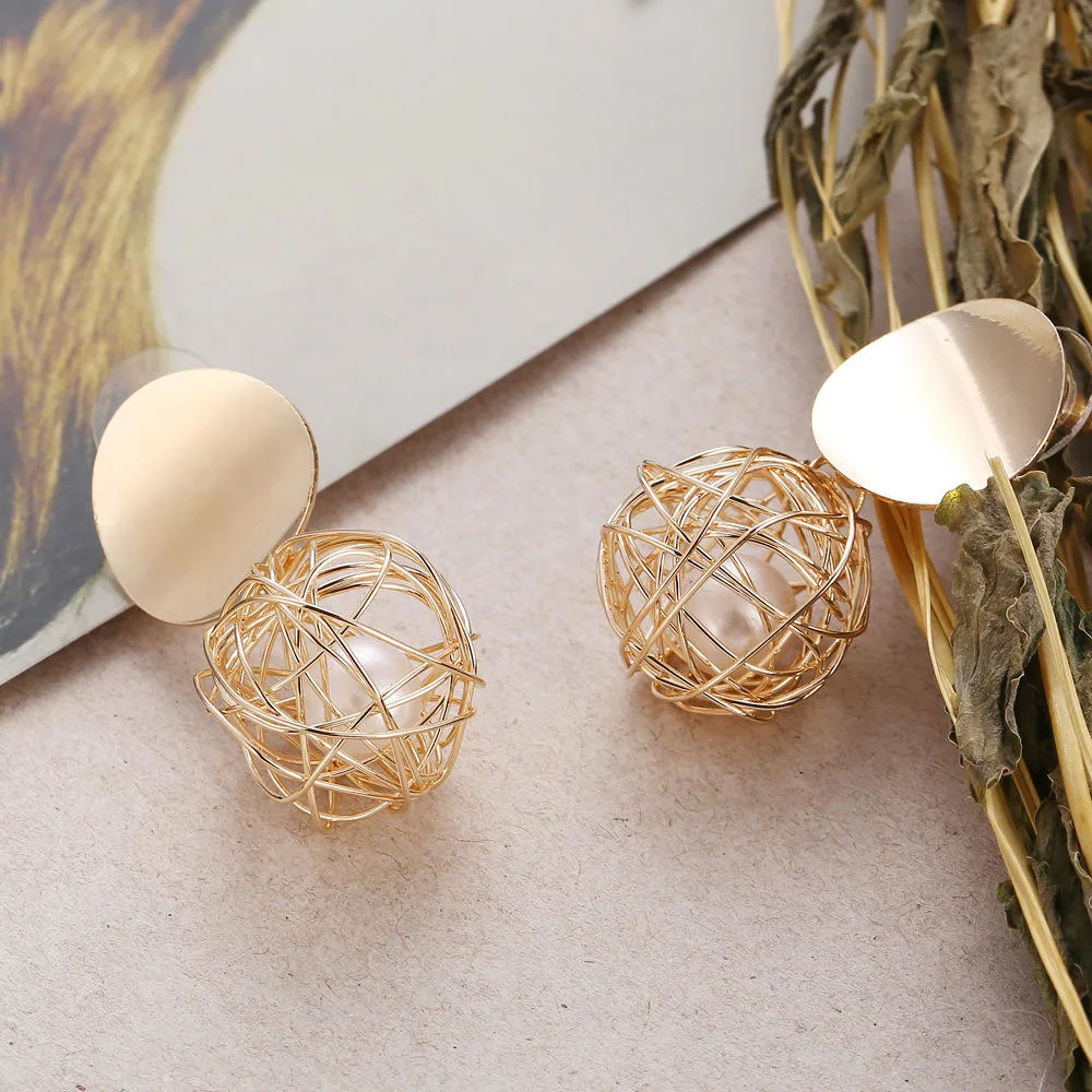 Moda Punk redondo Geometric Pendientes Creative Woven Ball Pearl