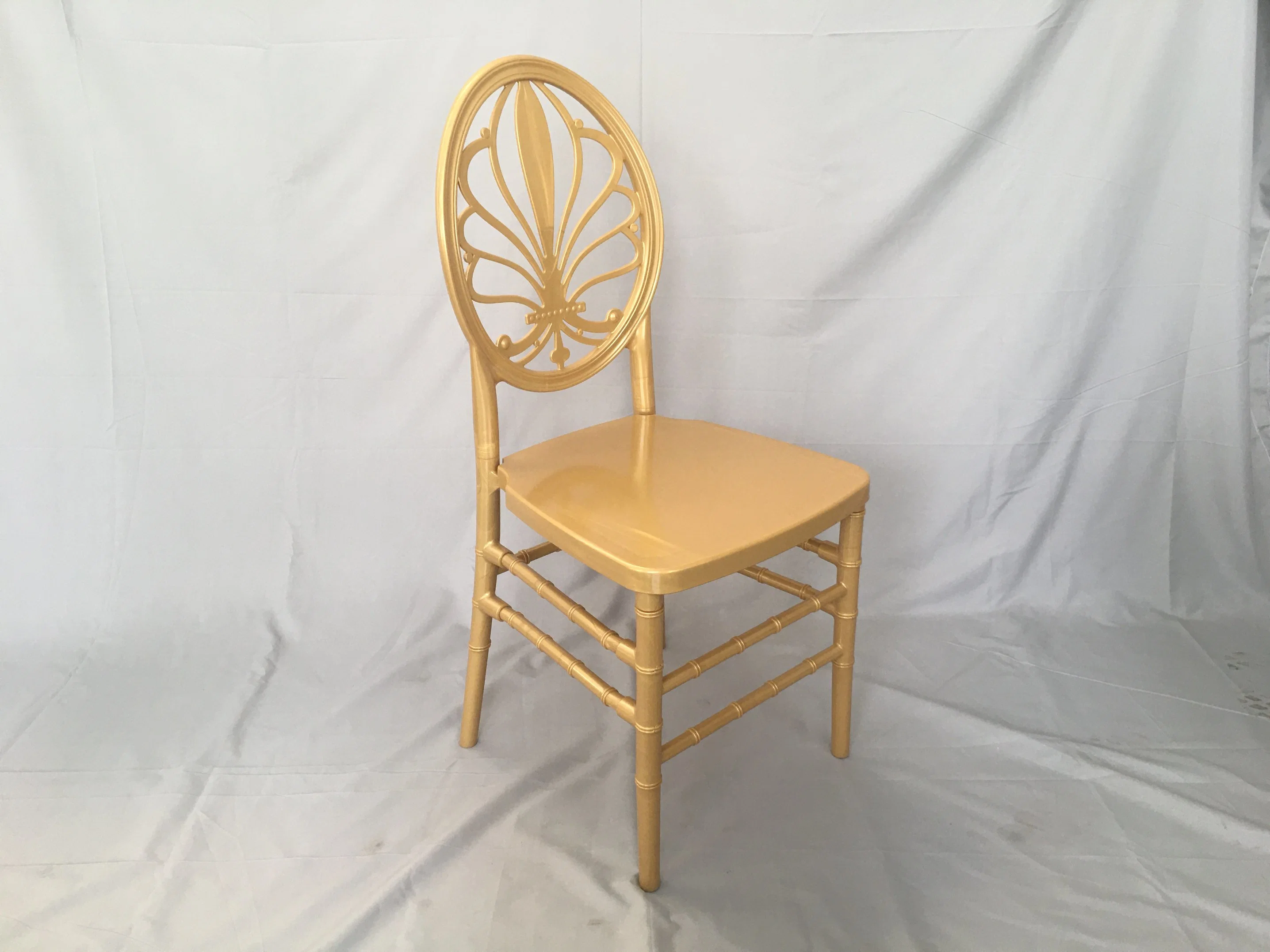 New Design Hotel Furniture Gold Color Resin PC Chiavari Tiffany Chair Flower Back Wedding Banquet Chairs