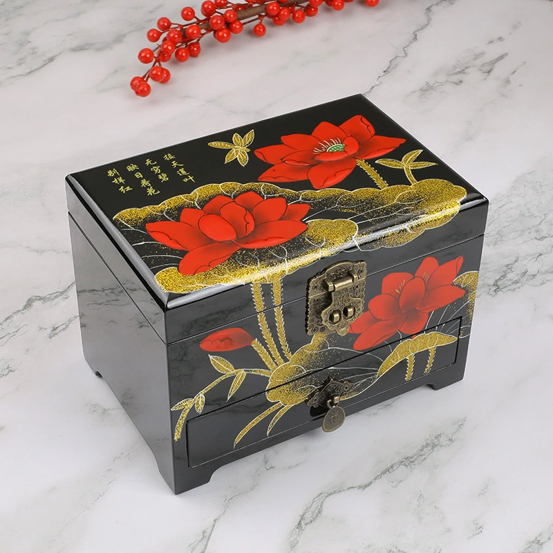 Lotus Pattern Summer Push Light Lacquerware Trousseau Case Double Jewelry Box