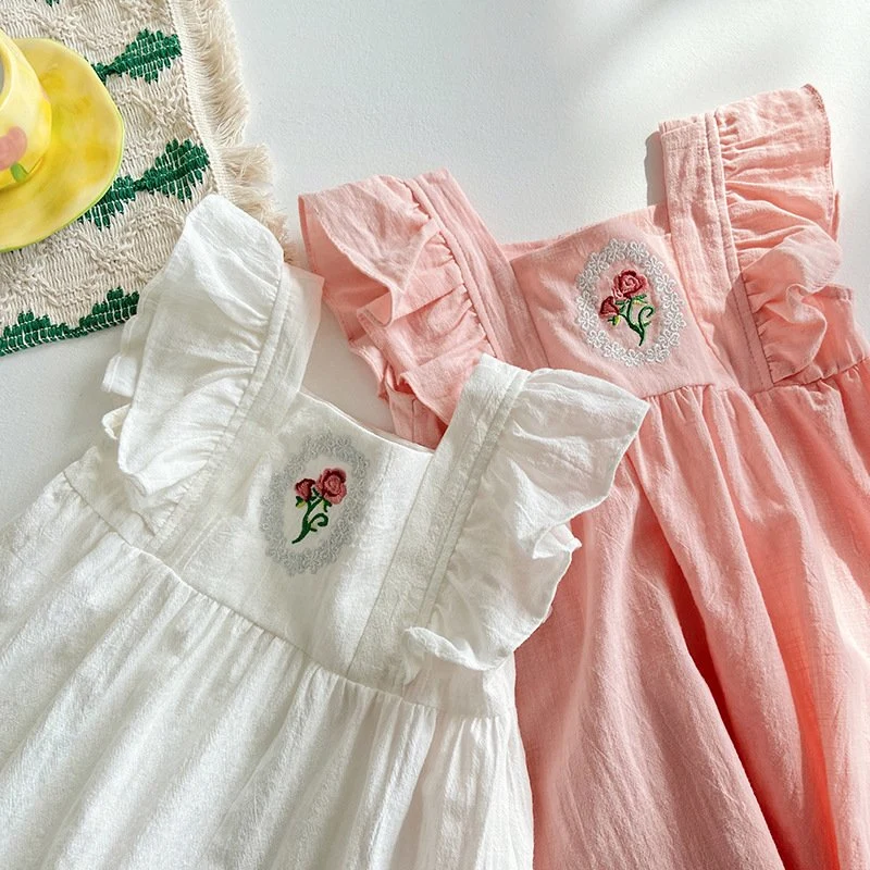 Rose Embroidery Dress 2023 New Square Collar Flying Sleeve Skirt Baby Clothes