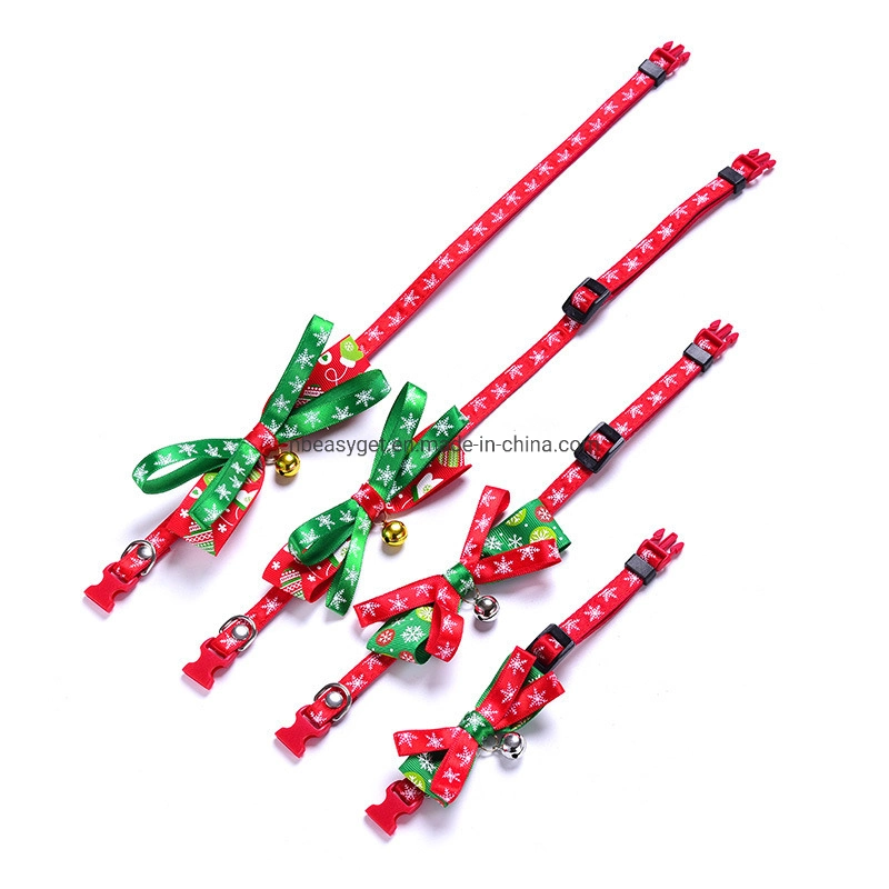 Christmas Dog Collar, Adjustable Pet Collar with Double-Deck Bowtie, Durable Plastic Breakaway Buckle, Snowflake Christmas Pattern with Neck Bell Esg12463