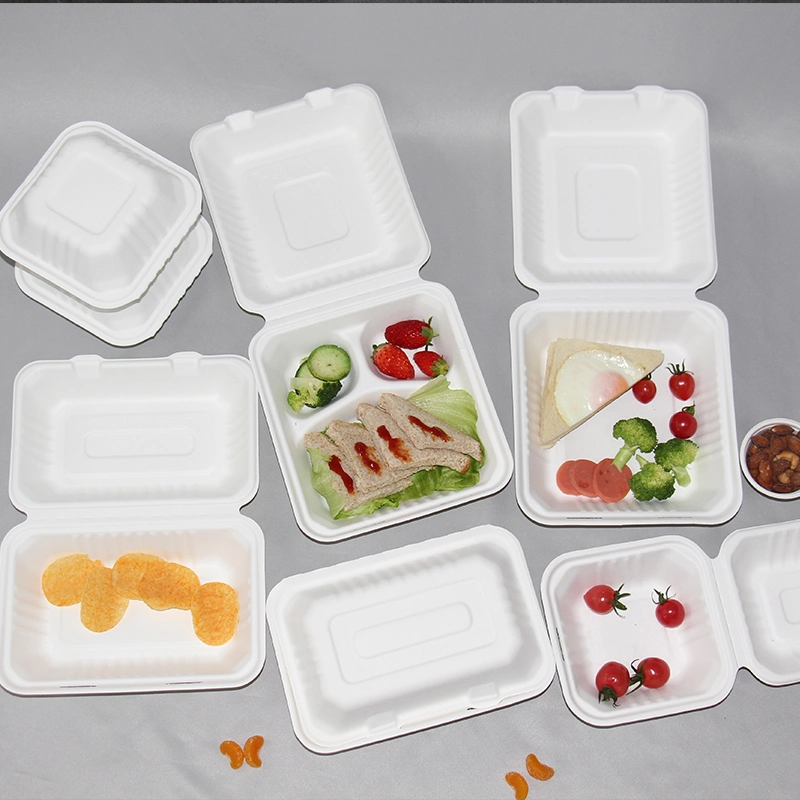 Takeaway Fast Food 9X6 Compostable Paper Pulp Sugarcane Bagasse and Paper Clamshell Envases Contenedores De Comida Biodegradable Food Container