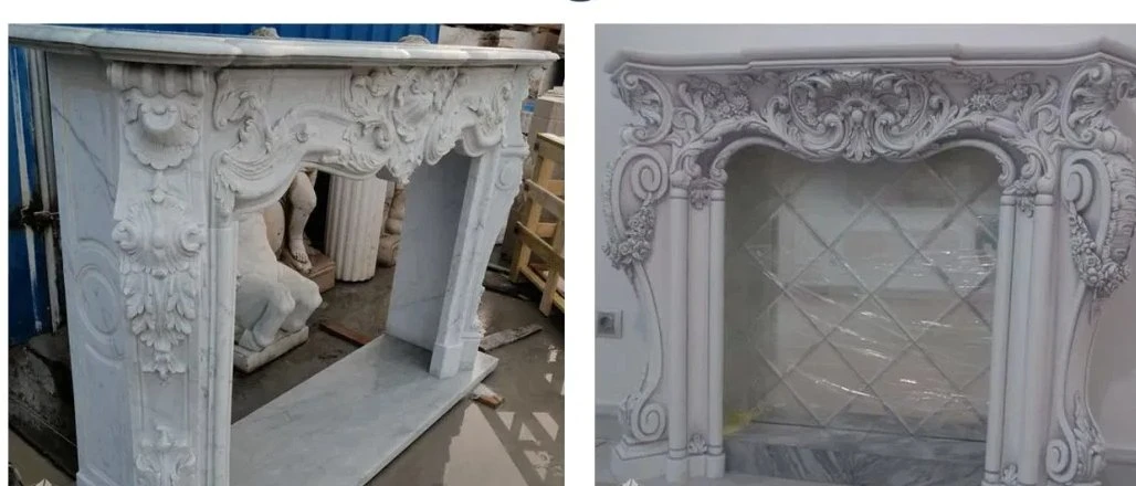 Hand Carved Craft Pure White Marble Decorated Fireplace Mantel Surround Design Insert