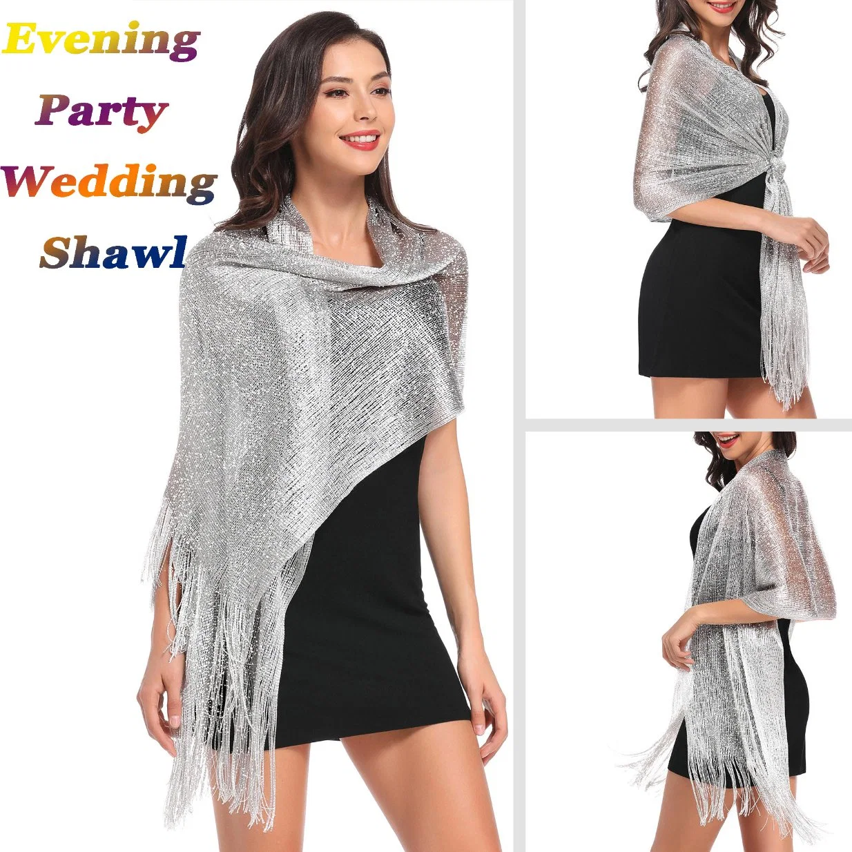 Glittering Sliver Grey Metallic Shawl Scarf and Wraps for Evening Patry Dresses