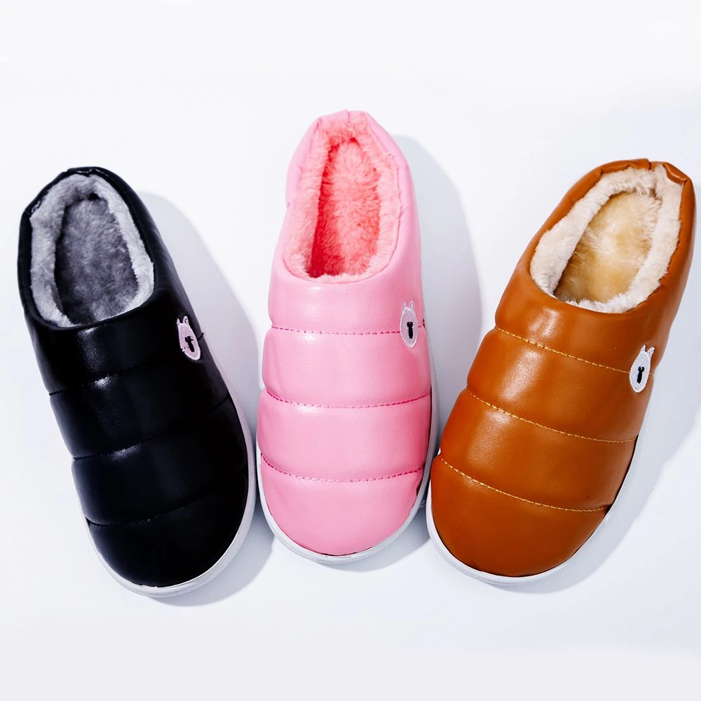 Women PU Faux Fur Slippers Indoor Plush Keep Warm Winter Cotton Shoes
