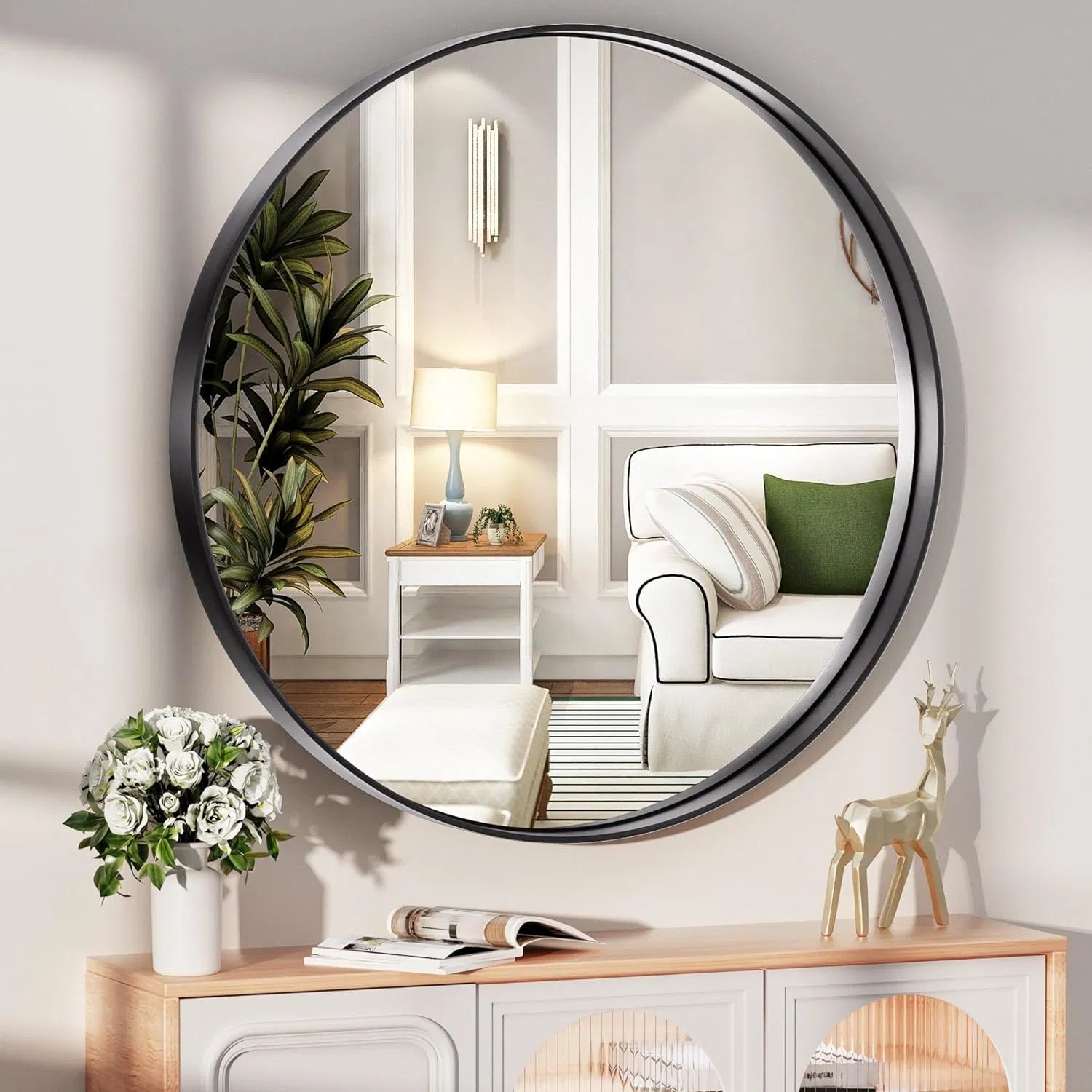 Jinghu Round Wall Mirror Black Metal Frame Iron Frame Bathroom Mirror