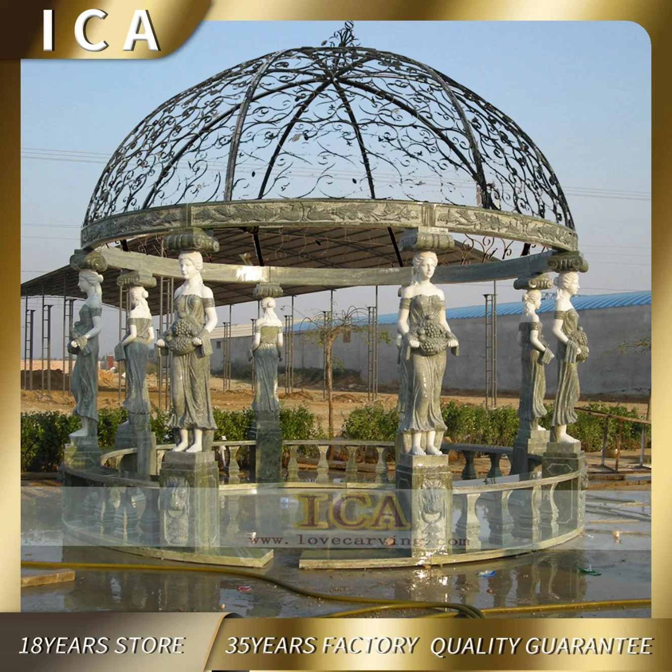 Grande sculpture en marbre ou granit colonne Gazebo avec toit de fer