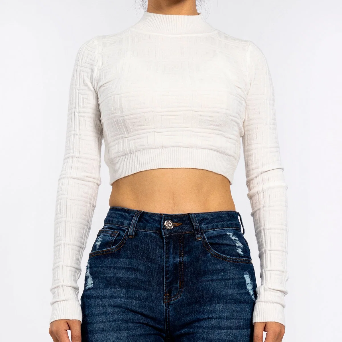 2023 Round Neck Long Sleeve Knitted Crop Tops White Summer Sweaters for Women