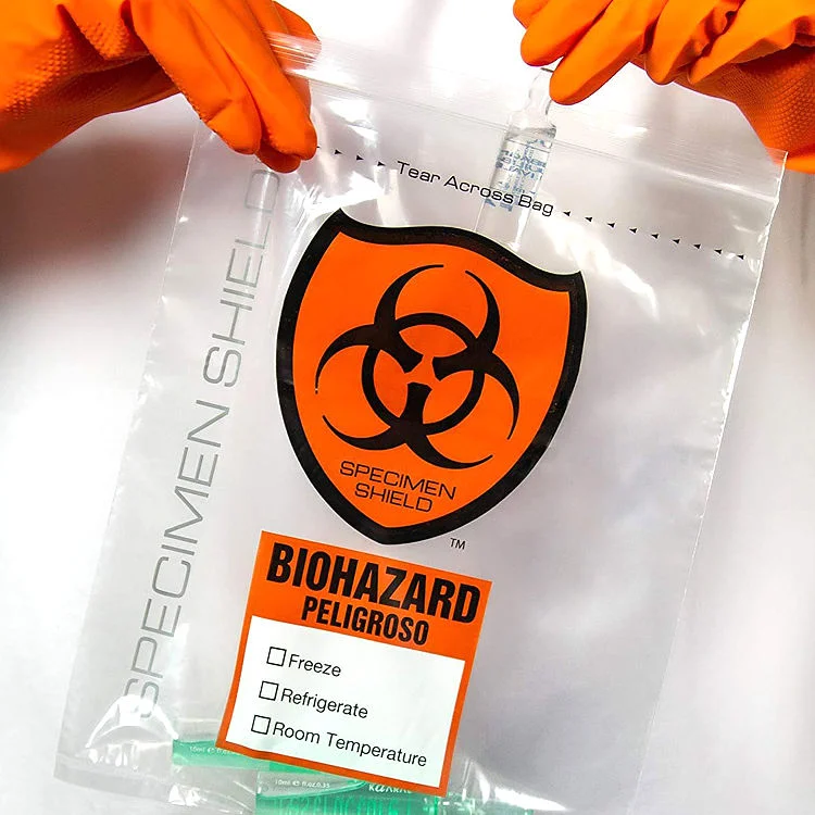 Two Pockets with Biohazard Symbol Size 6 X 9 Inch for Laboratory Custom Biohazard Plastic Medical Ziplock Specimen Bags