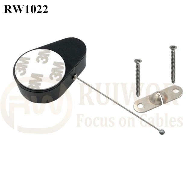 Drop-Shaped Retractable Security Tether Plus Two Screw Perforated Oval Metal Plate Connector Installed