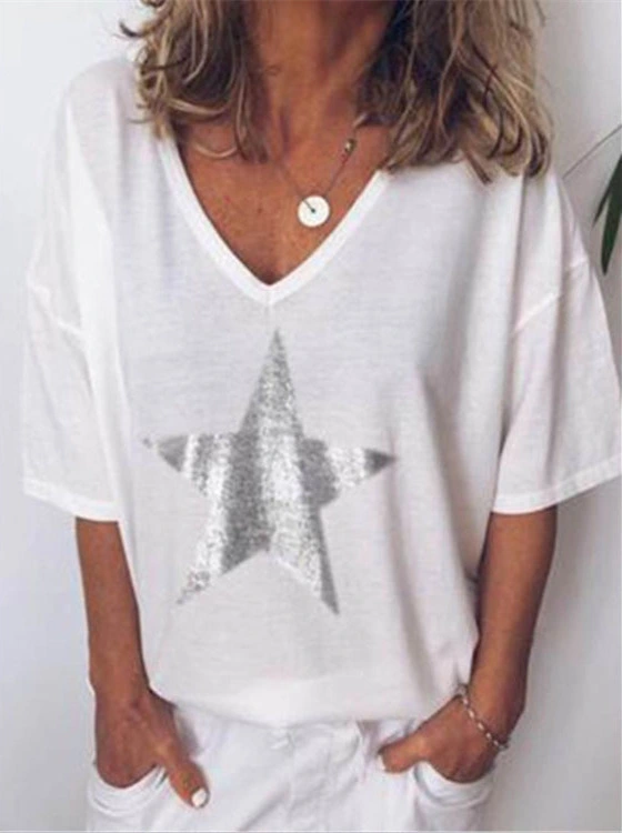 Custom Silver Star T Shirt Women Fashion Summer Lady Print Tee V-Neck Top Female Tshirts Clothes