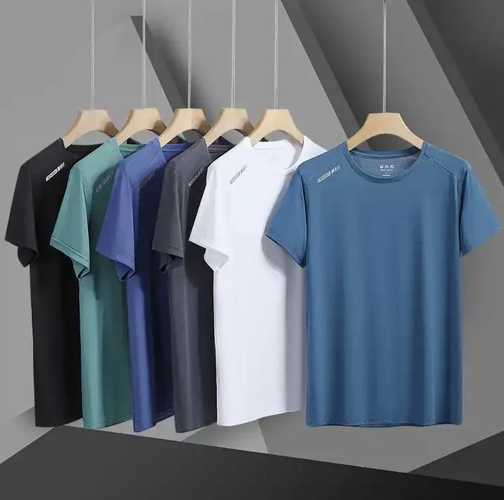 Summer New Ice Silk T-Shirt Men Sports Leisure Running Fitness Breathable Short Sleeve