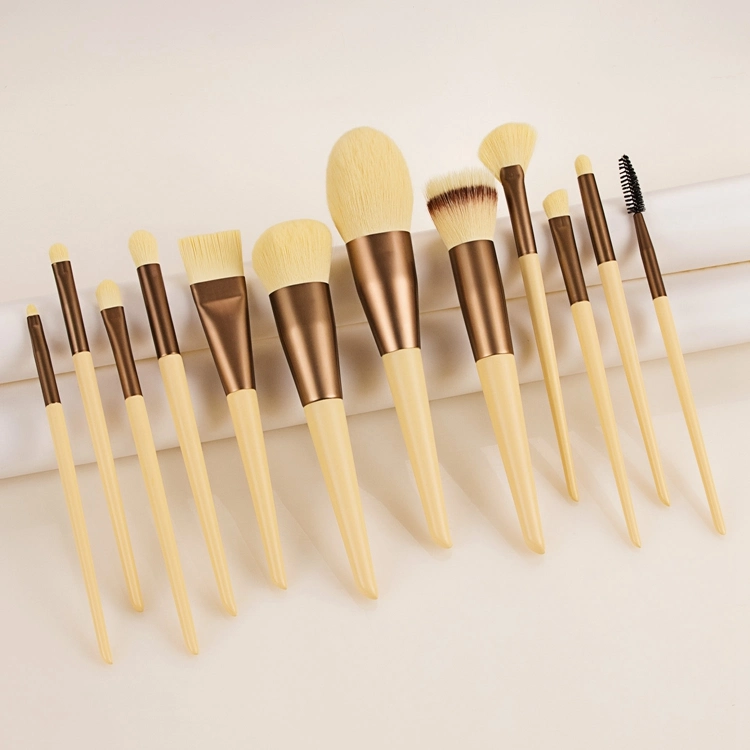 Professional 12pzas queso Amarillo mango de madera Eyeshadow Brush pincel de maquillaje de la Fundación con bolsa de regalo