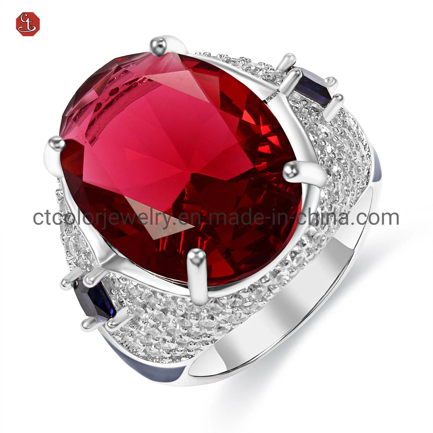 New design silver 925 ring enamel oversized ruby glass stone fashion jewelry ring