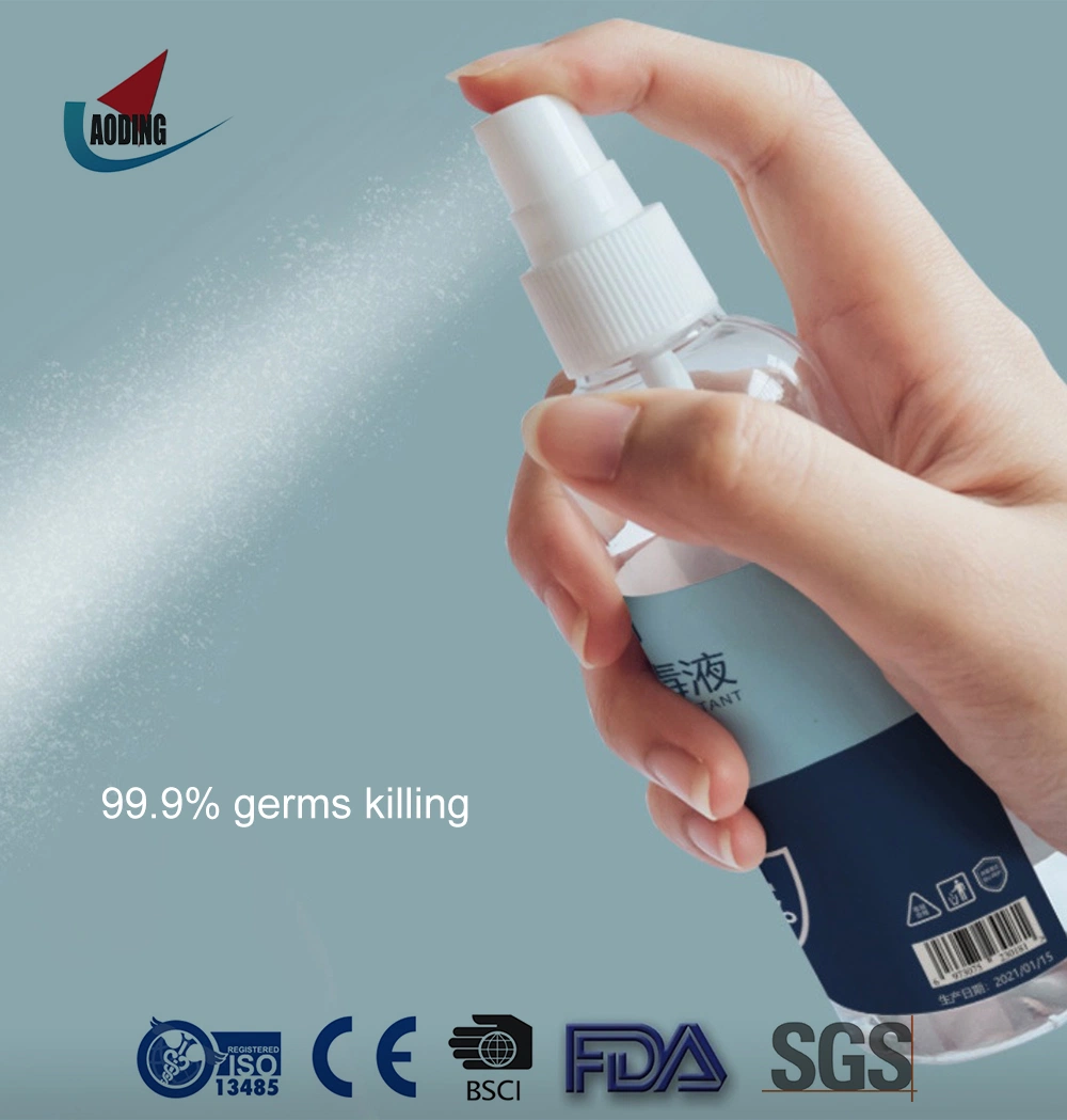 A FDA/ISO/BSCI Certified logotipo OEM 100ml 75 desinfectante líquido antibacteriano de pulverização de álcool álcool Spray Higienizador Esquerdo