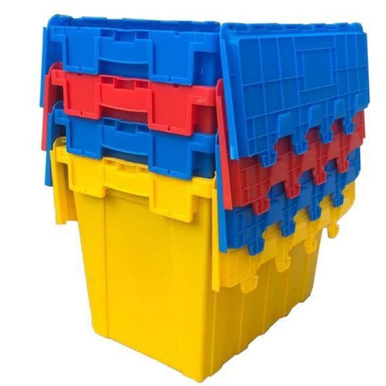 Available Stackable and Nestable Heavy Duty Moving Box Attached Lid Stacking Heavy Duty Nesting Container Crates Plastic Box