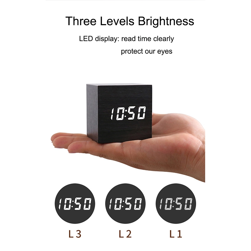 Quadratischer Holz LED Wecker Voice Control Tisch Geschenk Uhr