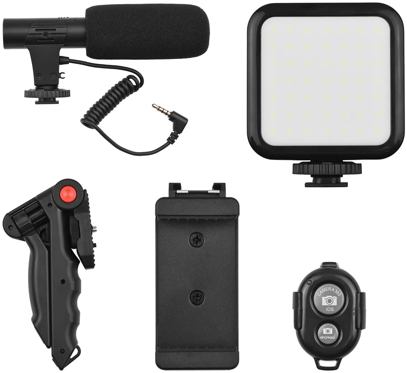 Phone Vlog Video Kit with Table Tripod Phone Holder with Cold Shoe Microphone LED Video Light Remote Shutter