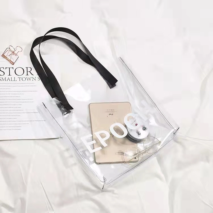 Bolso de compras de moda de PVC transparente de plástico de PVC resistente al agua reutilizable Playa Bolso con asa duradera coloridas señoras Tote Handbag