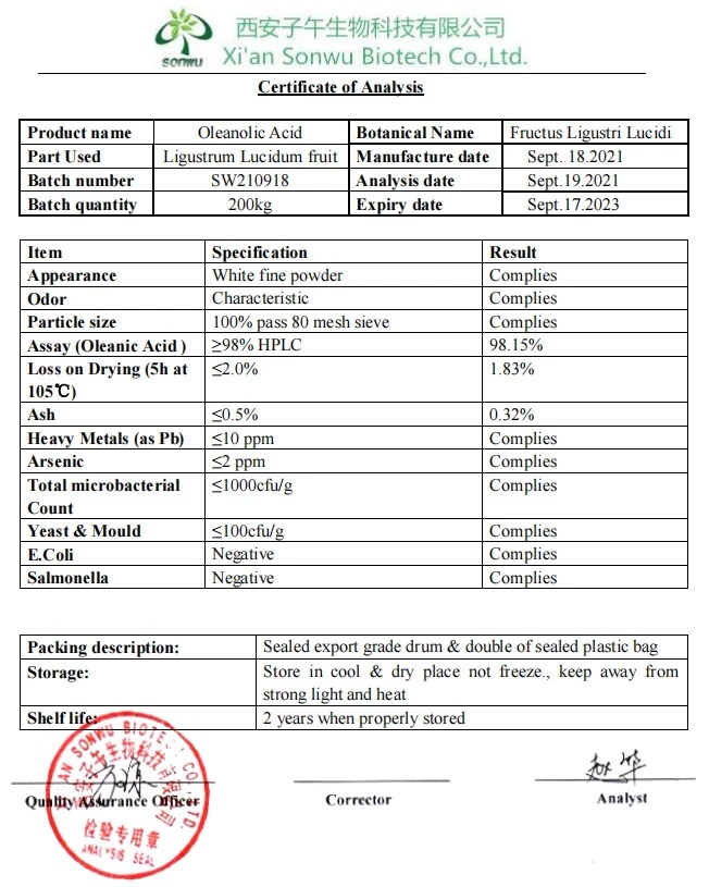 Sonwu Supply Raw Powder Olive Leaf Extract CAS 508-02-1 Oleanolic Acid