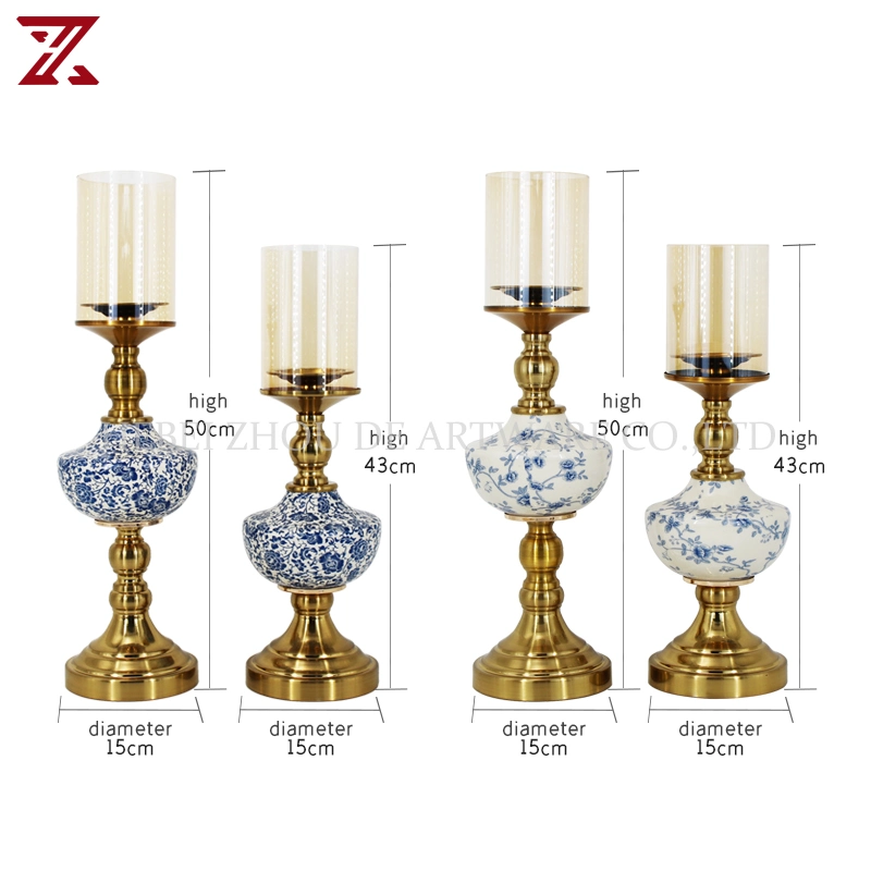 Wholesale/Supplier Antique Blue and White Porcelain Ceramic Candle Holder Different Patterns Metal Candlestick for Hotel Villa Decoration