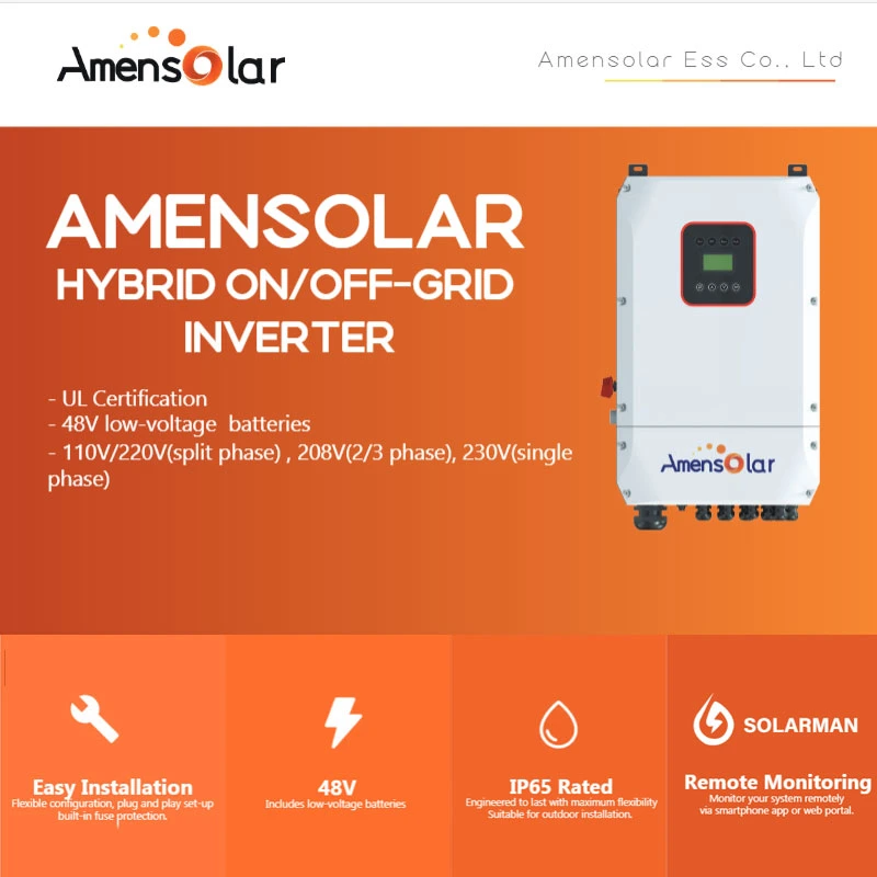 Amensolar 5kw 8kw 10kw على شبكة الطاقة الشمسية الهجينة المحول الشمسي الساخن Ess للبيع في السوق الأمريكية 110V 120V تقسيم المرحلة جامايكا 5kVA محول شمسي محول الطاقة