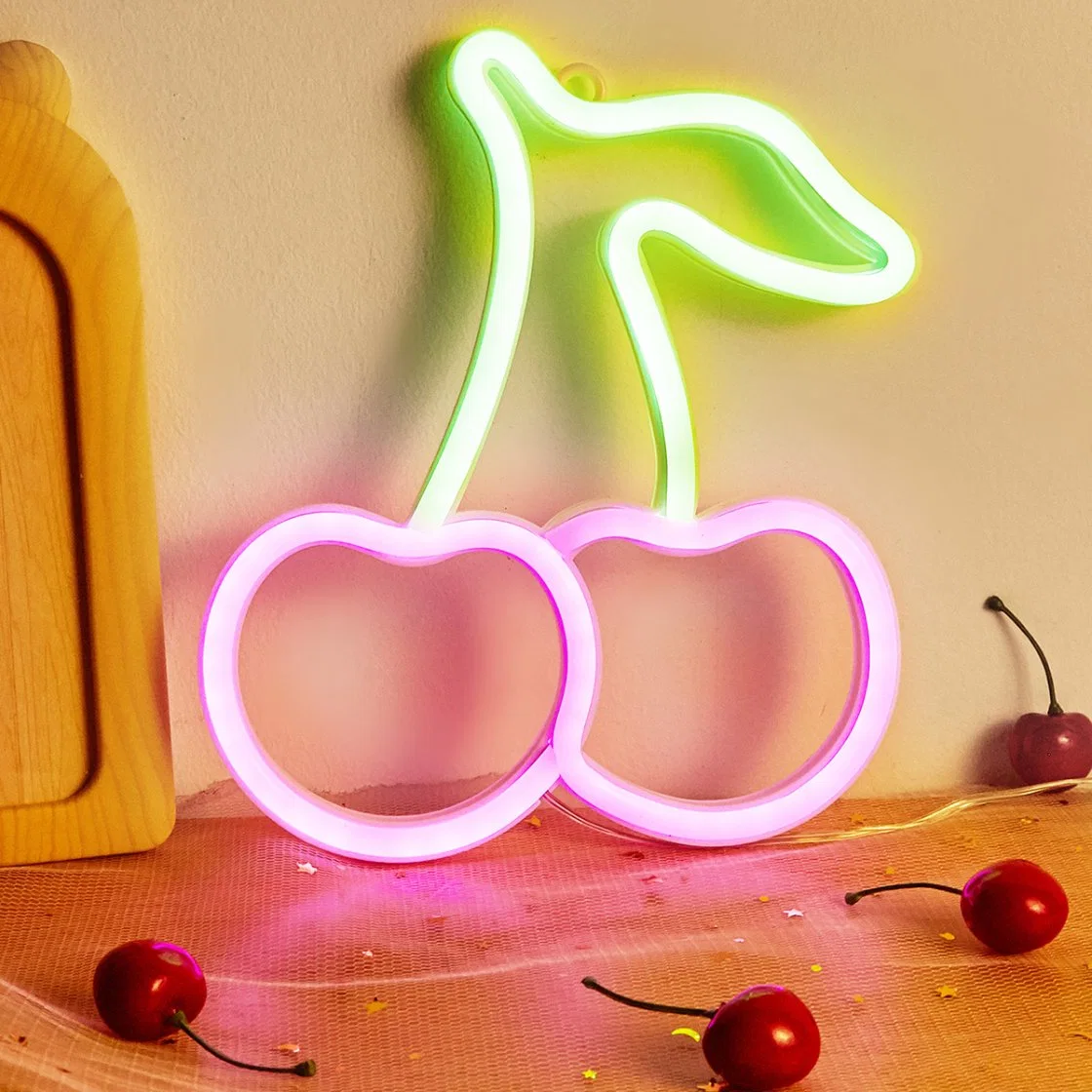 Cherry Neon Sign Lights Fruit Neon with USB or Battery Operated for Kid's Room Bedroom Bar Restaurant Game Room Christmas Valentine's Day Birthday Party Gift