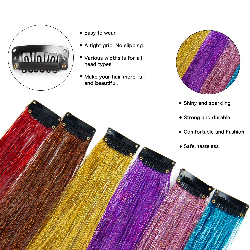 Synthetic Hair Extensions Clip in Straight Sparkle Hair Tinsel for New Year Party