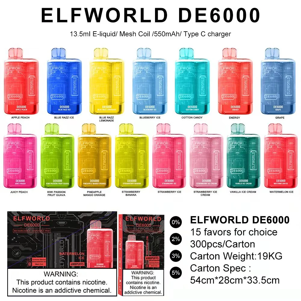 ELF World 6000puffs одноразовые сигареты Vape E перезаряжаемые тип C. Зарядите Te5000