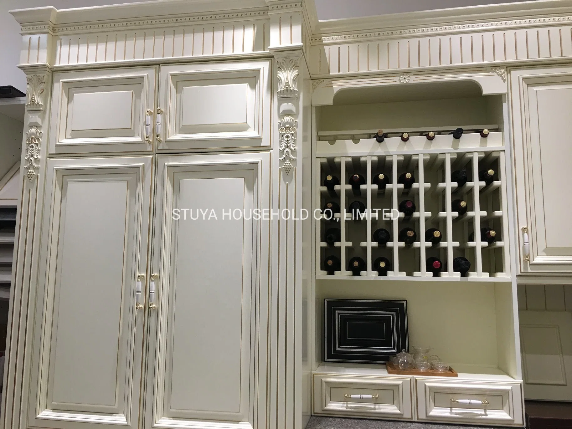 Premium Wood Kitchen Cabinets - Exquisite Floral Carvings, Solid Wood Doors